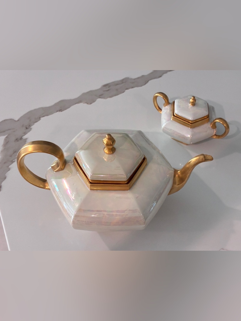 Limoges Elegant White and Gold Hexagonal Porcelain Teapot Set